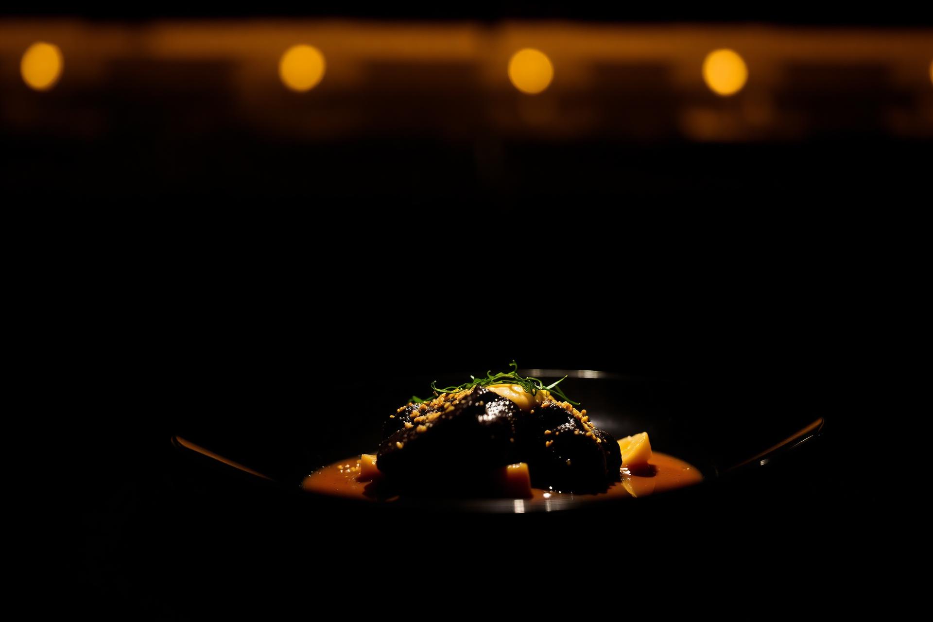 Signature dish plated under warm restaurant lighting